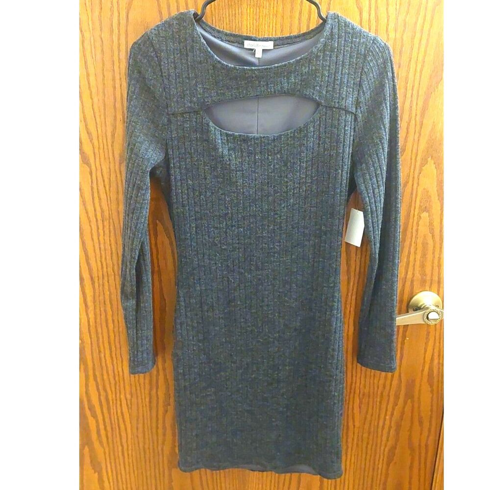 Charlotte Russe Bodycon Mini Dress Small Charcoal Gray Cutout Long Sleeve NWT
